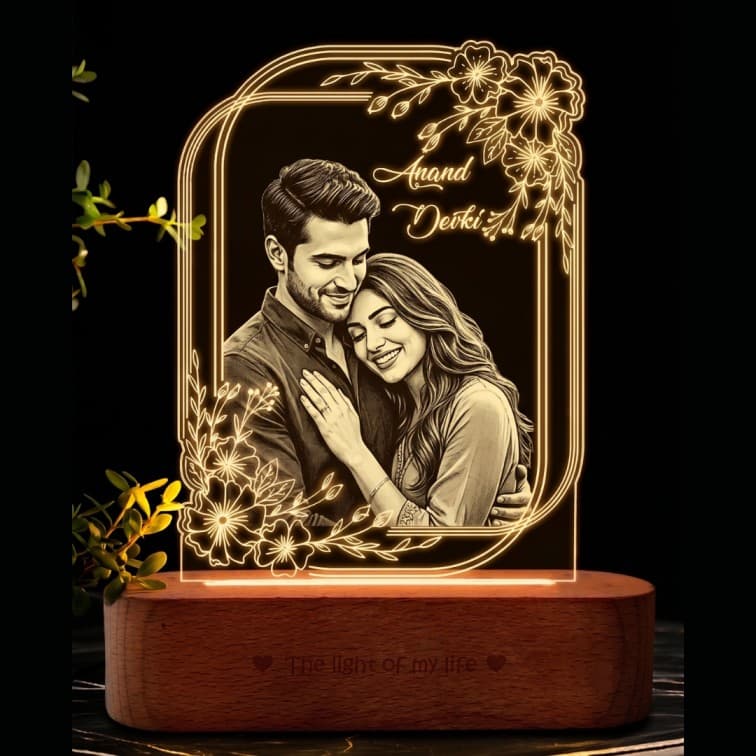 Personalized Engraved Portrait Lamp with Wooden Base
