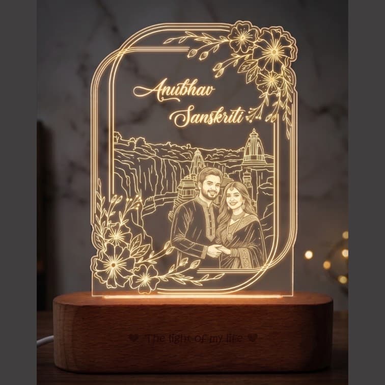 Personalized Engraved Portrait Lamp with Wooden Base image 2