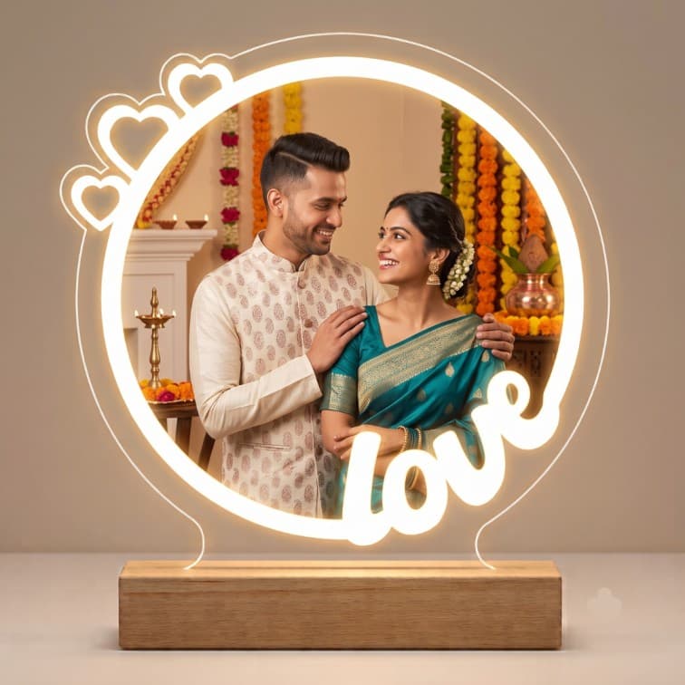 Personalized Photo Lamp with Wooden Base & Warm Glow