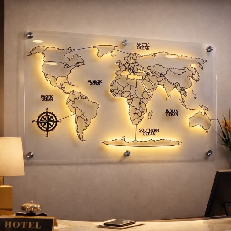 LED World Map Wall Art Frame | Acrylic Backlit World Map | Modern Office & Home Decor Wall Panel image 4