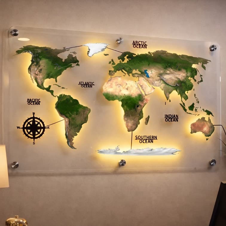 LED World Map Wall Art Frame | Acrylic Backlit World Map | Modern Office & Home Decor Wall Panel
