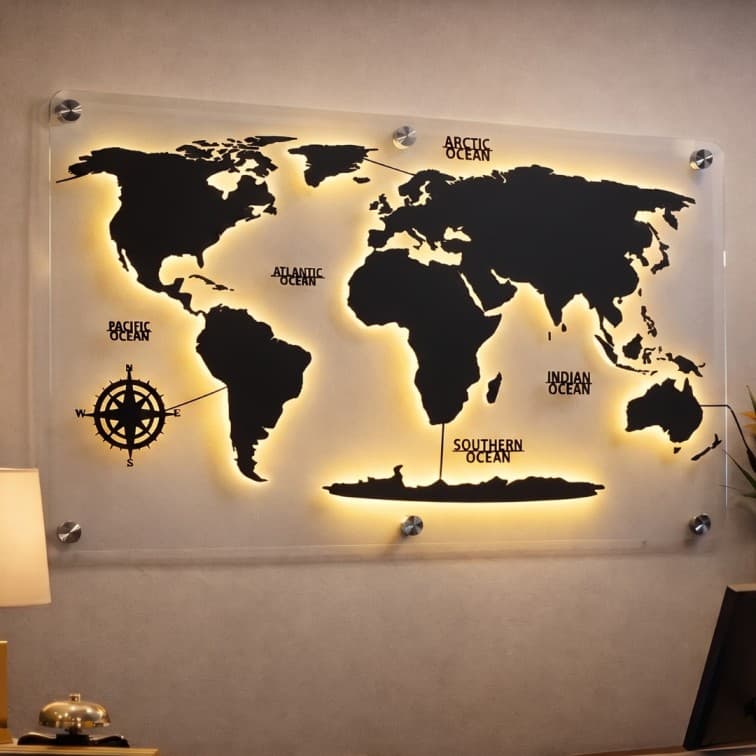 LED World Map Wall Art Frame | Acrylic Backlit World Map | Modern Office & Home Decor Wall Panel image 2
