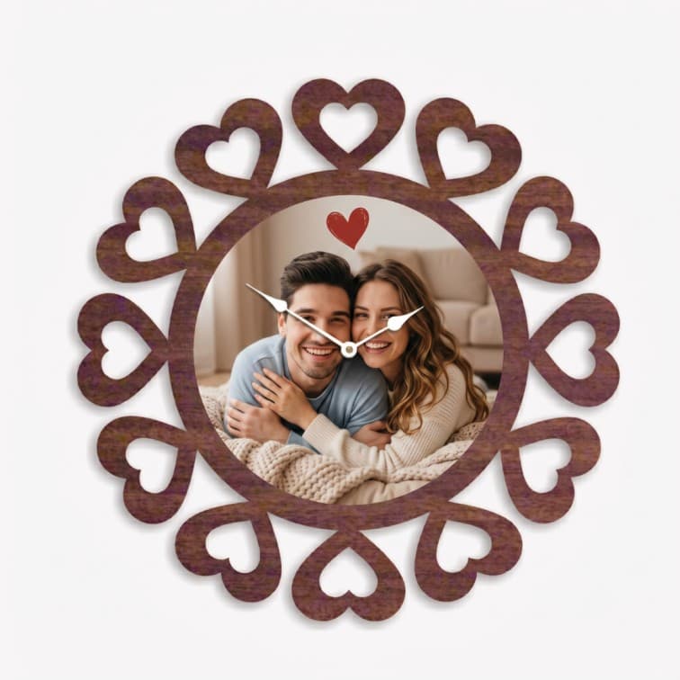 Custom Wooden Heart Wall Clock with Personalized Photo Frame image 3