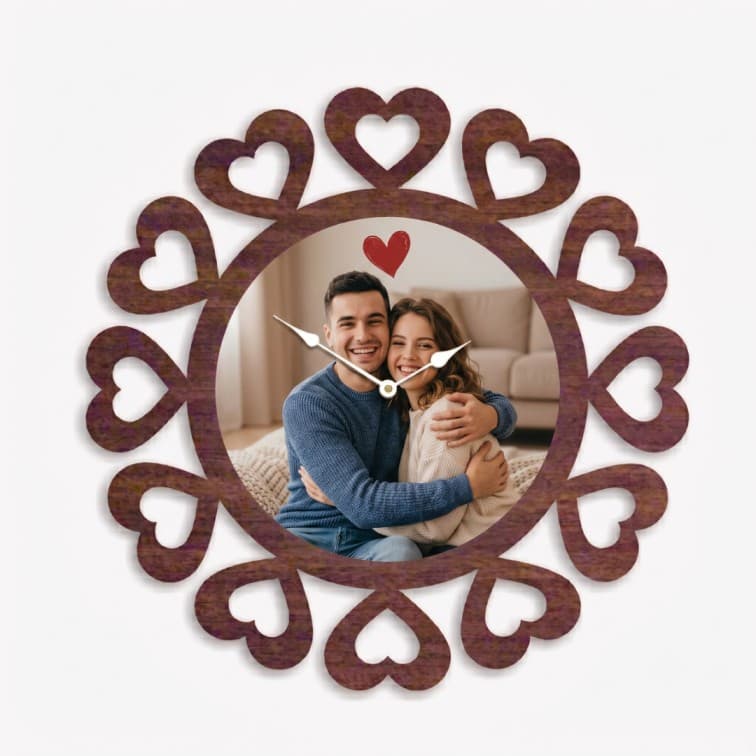 Custom Wooden Heart Wall Clock with Personalized Photo Frame