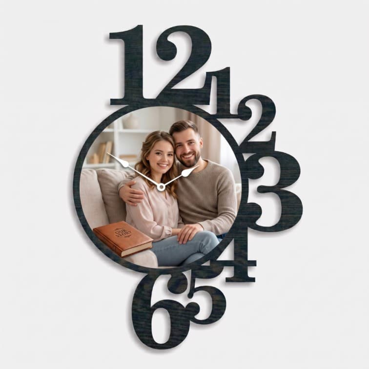 Personalized Custom Photo Wall Clock – Black Wooden Cutout Frame (12 X 16 inch) image 3