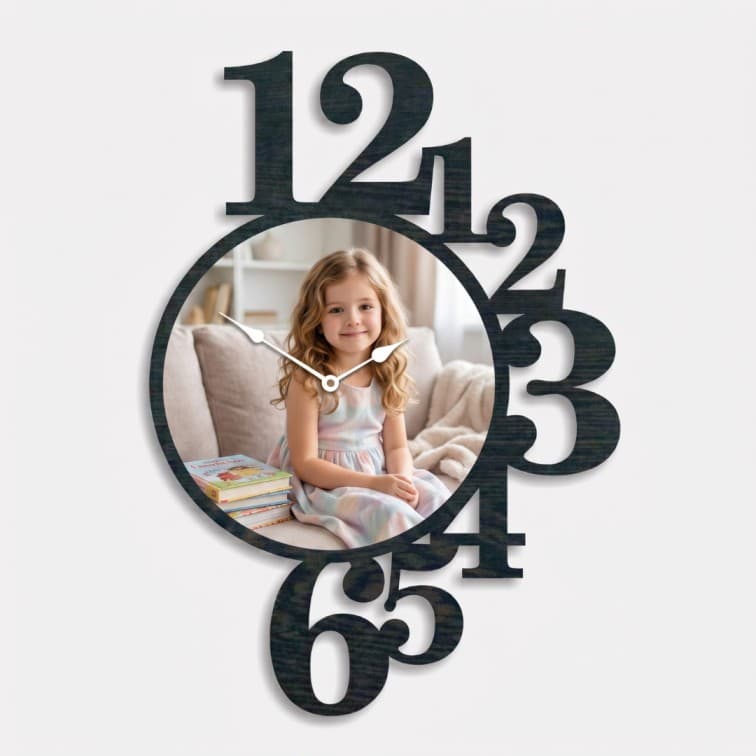 Personalized Custom Photo Wall Clock – Black Wooden Cutout Frame (12 X 16 inch)
