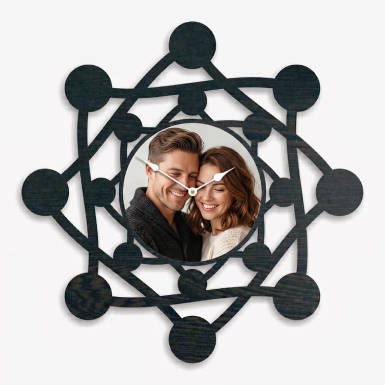 Personalized Geometric Wooden Wall Clock – Custom Photo Frame