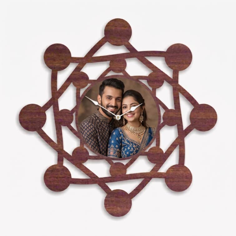 Customized Geometric Wooden Wall Clock with Personalized Photo Frame