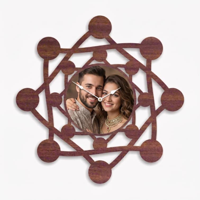 Customized Geometric Wooden Wall Clock with Personalized Photo Frame image 3