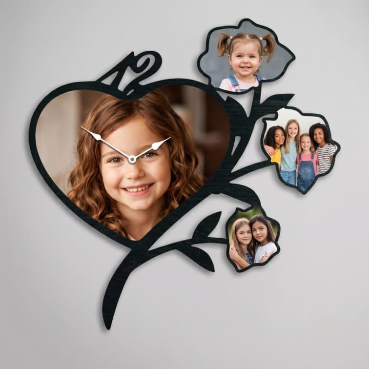 Custom Heart & Floral Branch Photo Wall Clock – Personalized Family & Couple Collage Frame image 2