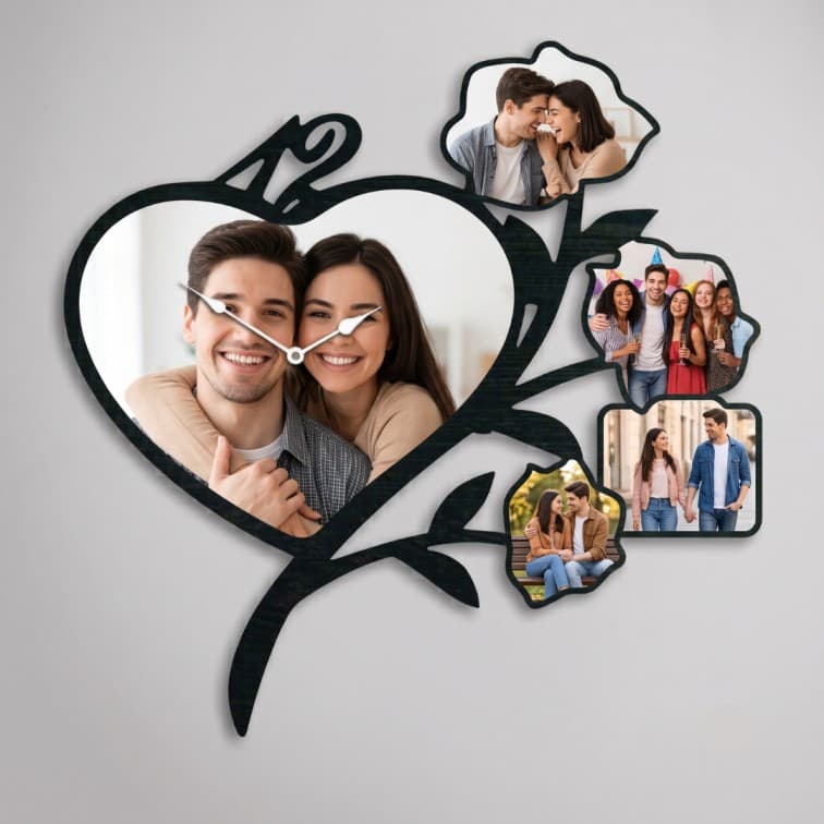 Custom Heart & Floral Branch Photo Wall Clock – Personalized Family & Couple Collage Frame image 3