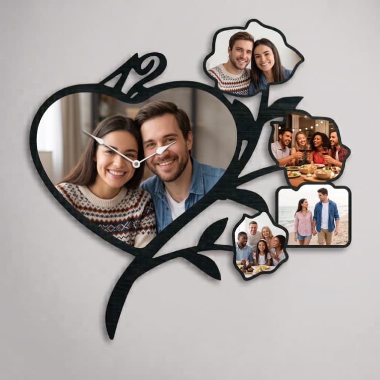Custom Heart & Floral Branch Photo Wall Clock – Personalized Family & Couple Collage Frame