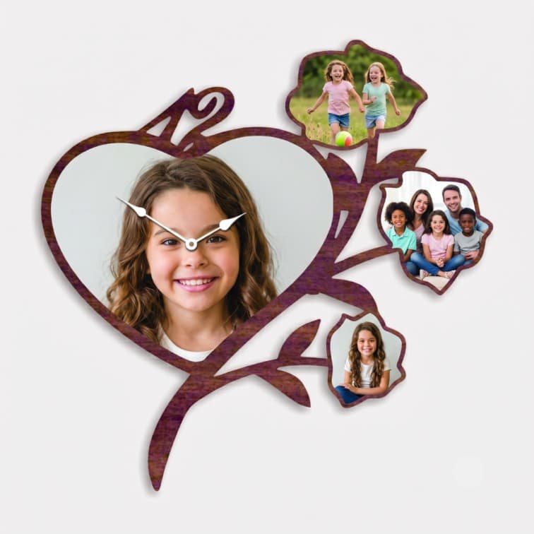 Custom Heart & Flower Wooden Collage Wall Clock