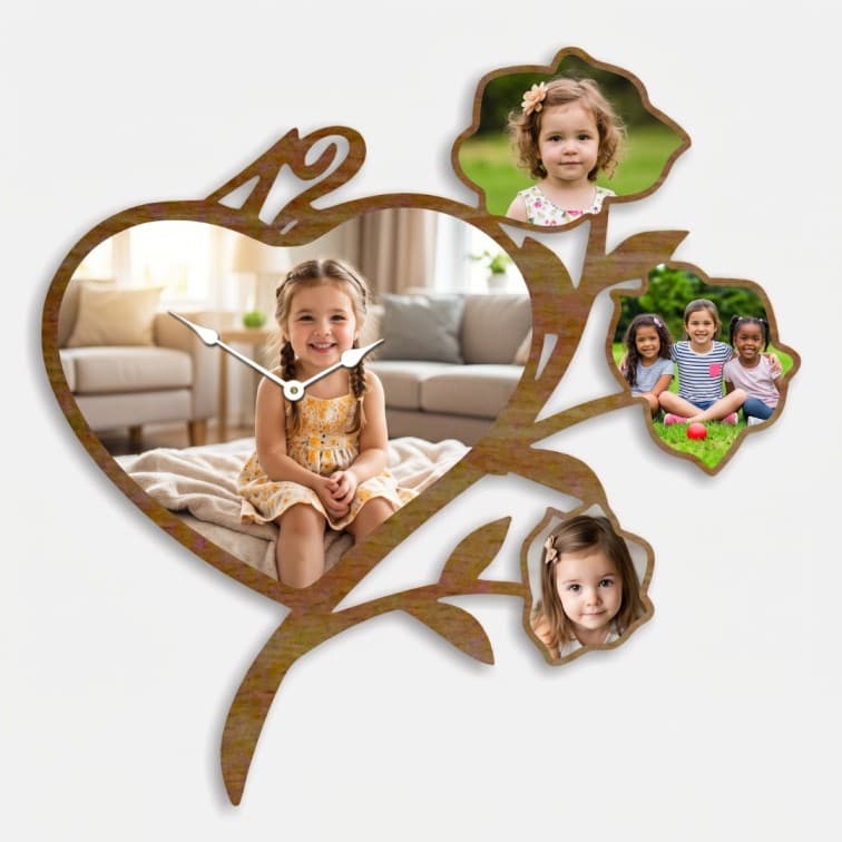 Personalized Heart & Rose Wooden Photo Wall Clock with Custom Pictures image 3