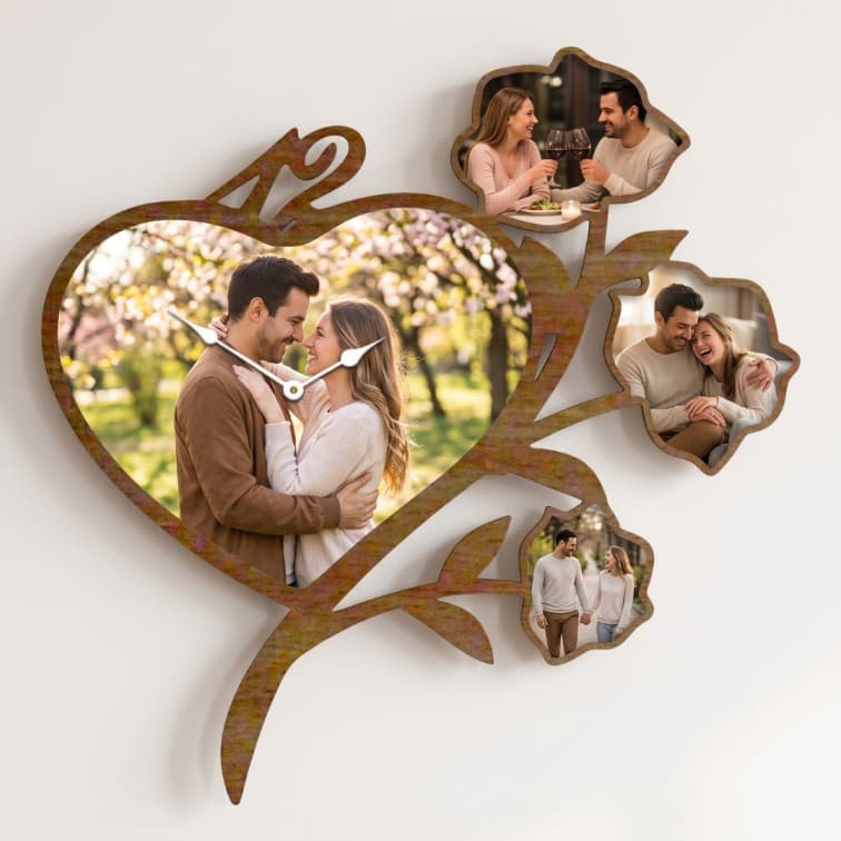 Personalized Heart & Rose Wooden Photo Wall Clock with Custom Pictures
