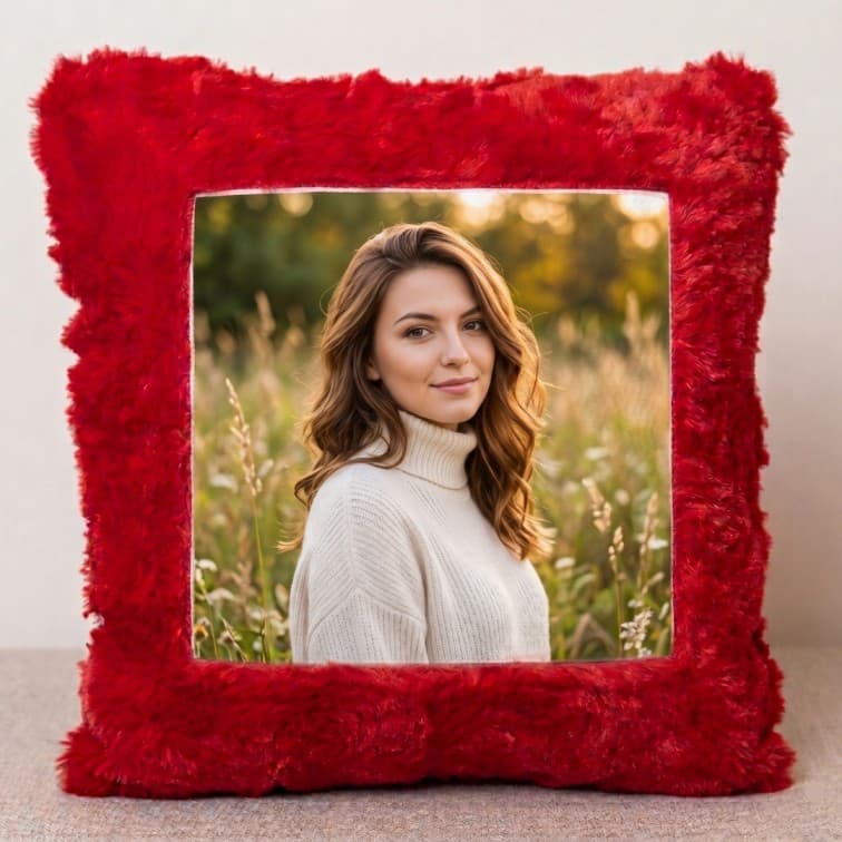 Custom Photo Print Pillow | Red Faux-Fur Photo Pillow