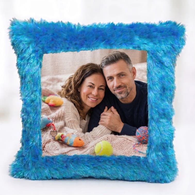 Custom Photo Print Pillow | Blue Faux-Fur Photo Pillow