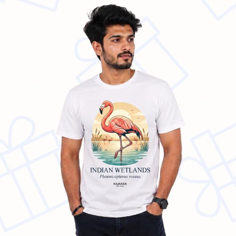 White Round Neck Polyester Graphic T-Shirt – Indian Wetlands Flamingo Edition (90 GSM, Ultra-Lightweight) image 5