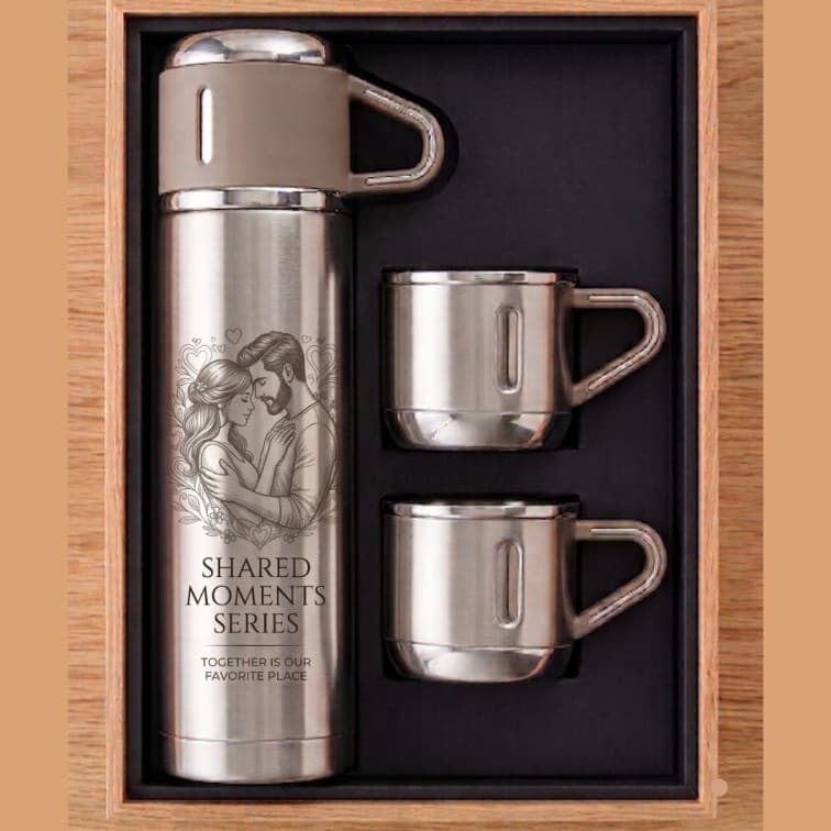 Stainless Steel Vacuum Insulated Flask Gift Set with 2 Cups – Custom Engraved Couple Design Travel Thermos Bottle with Gift Box image 3