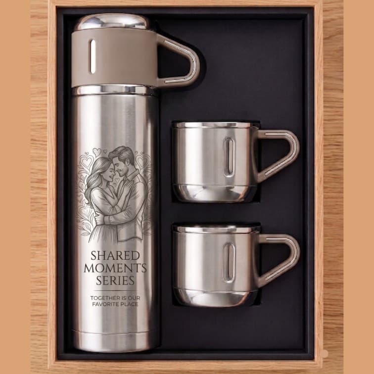 Stainless Steel Vacuum Insulated Flask Gift Set with 2 Cups – Custom Engraved Couple Design Travel Thermos Bottle with Gift Box image 2