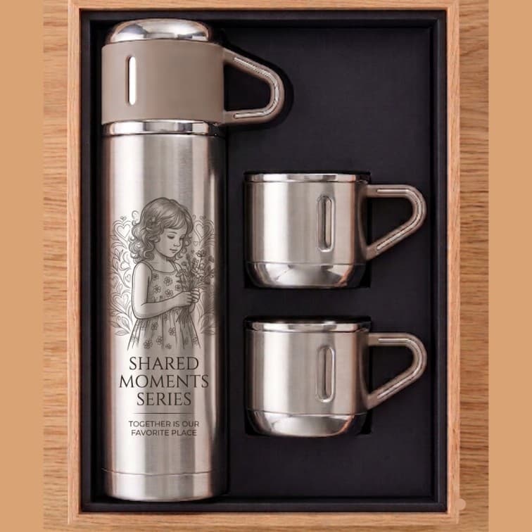Stainless Steel Vacuum Insulated Flask Gift Set with 2 Cups – Custom Engraved Couple Design Travel Thermos Bottle with Gift Box