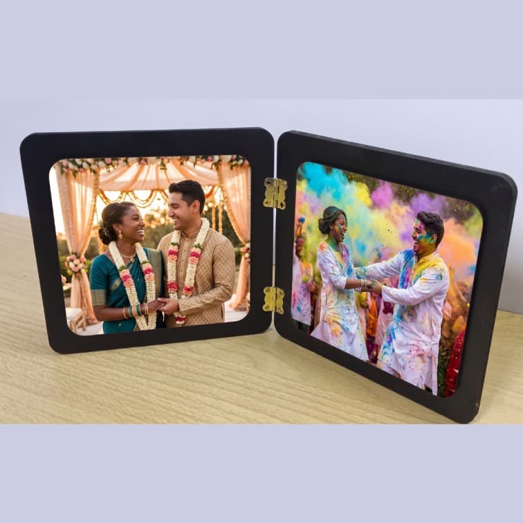 Dual Wooden Folding Photo Frame – Traditional Elegance & Festive Joy (Size-12x6 Inch)