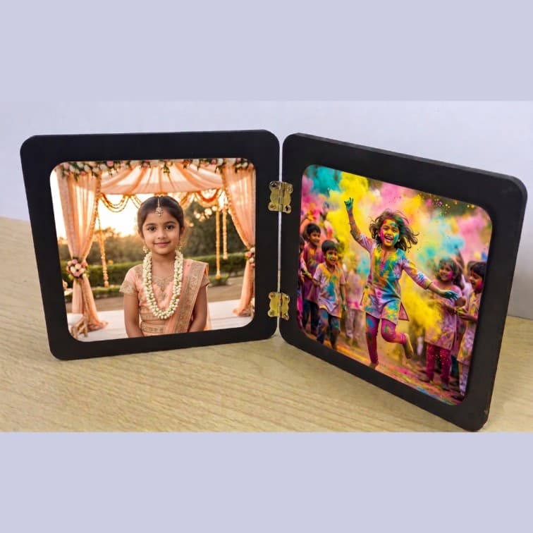 Dual Wooden Folding Photo Frame – Traditional Elegance & Festive Joy (Size-12x6 Inch) image 2