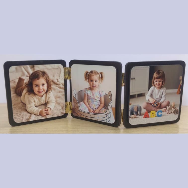 Personalized 3-Panel Folding Photo Frame | Tabletop Wooden Collage Keepsake (Size-12x4 Inch)