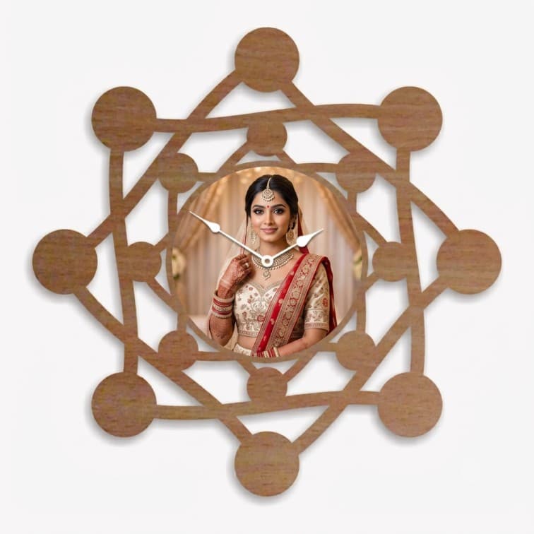 Personalized Geometric Wooden Wall Clock – Custom Photo Frame